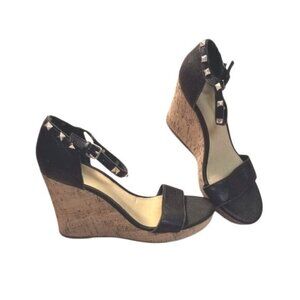 Marc Fisher 8.5M Black Leather Wedge Sandals Cork Heel Studded Ankle Strap